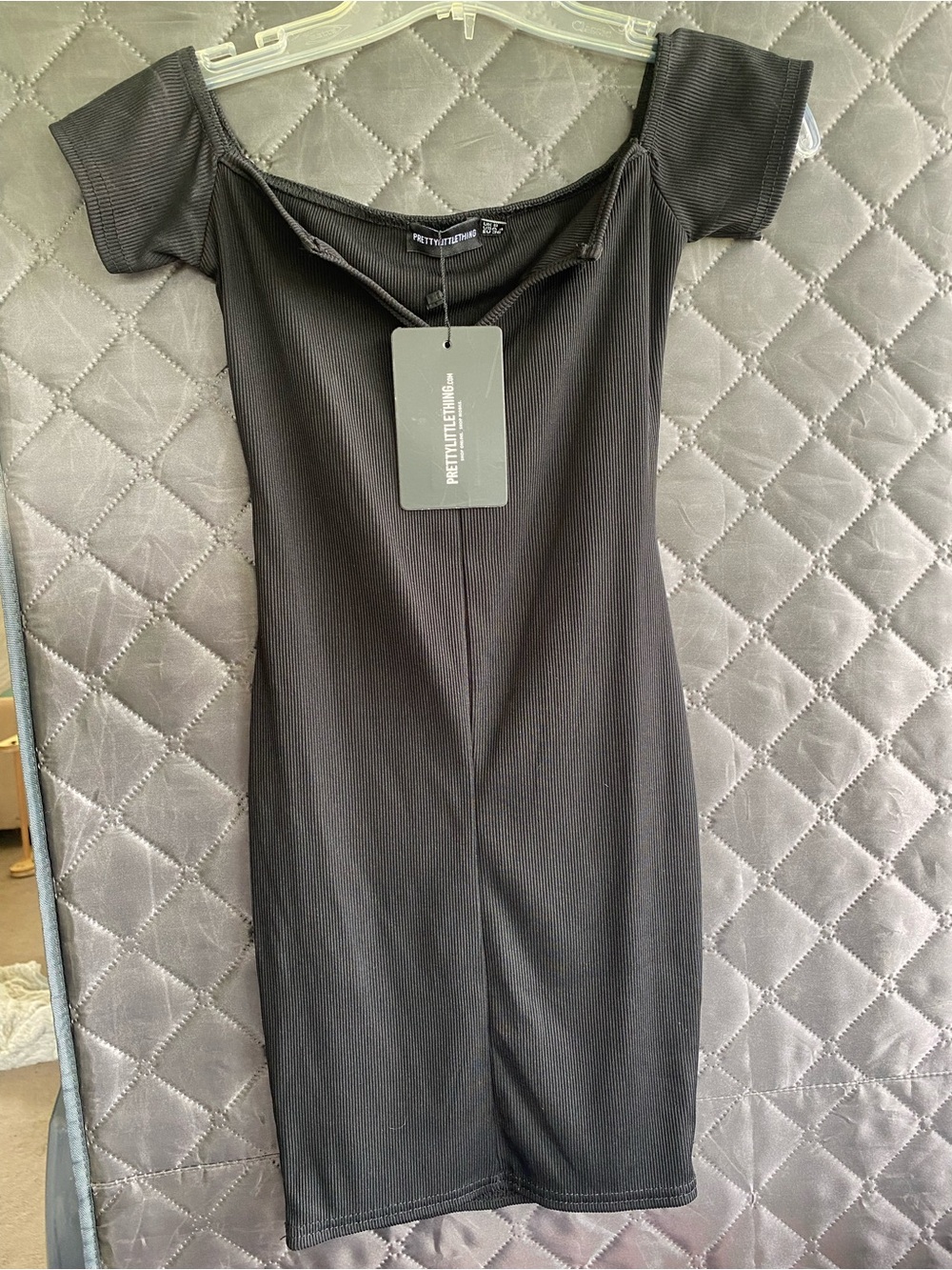 PrettyLittleThing Black Off-Shoulder Ribbed Mini Dress NWT